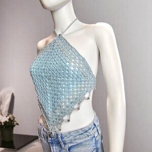 🌊‎ Sky Blue Crochet Halter Top – Lightweight & Lined